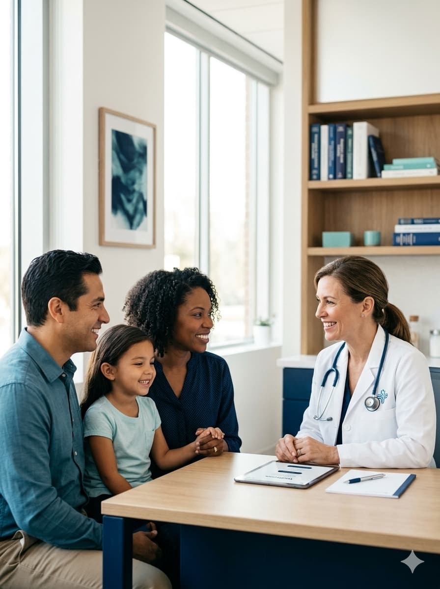 Família sorridente conversando com uma médica em um consultório